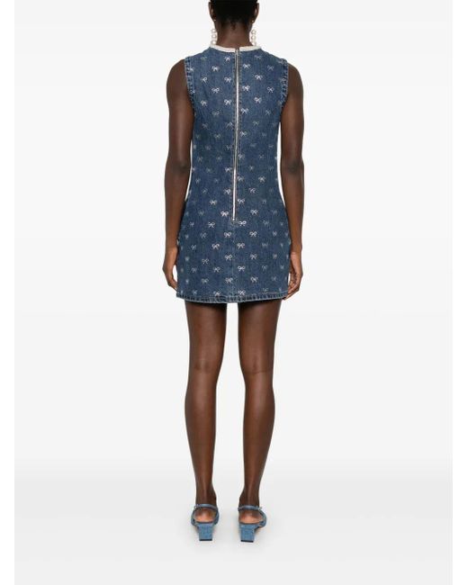 Self-Portrait Blue Crystal-Bow Denim Mini Dress