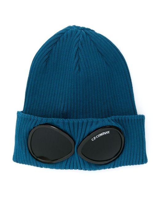 C P Company Blue Goggles-detail Ribbed Beanie for men