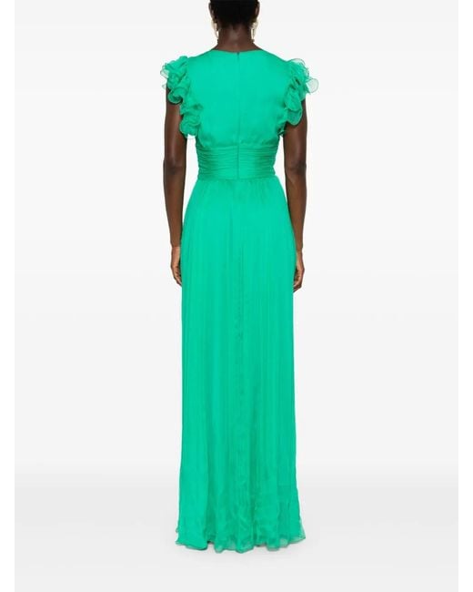 Nissa Green Ruffled Silk Maxi Dress