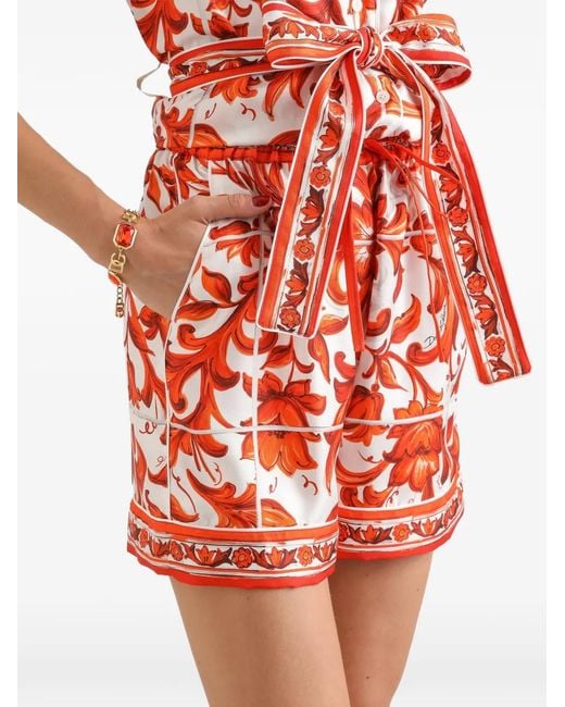 Dolce & Gabbana Red Majolica-Print Silk Bermuda