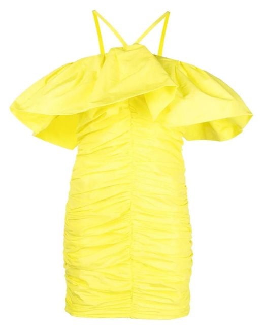 MSGM Yellow Ruched Ruffle-Trim Mini Dress