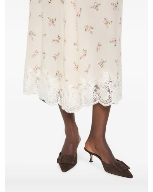 P.A.R.O.S.H. Natural Spano Floral-Print Lace-Trim Midi Skirt