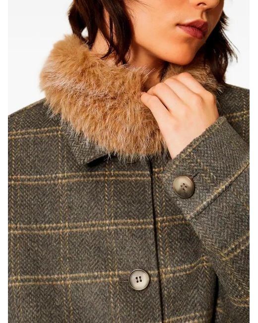 Twinset Gray Double Check Wool Caban Coat With Faux Fur