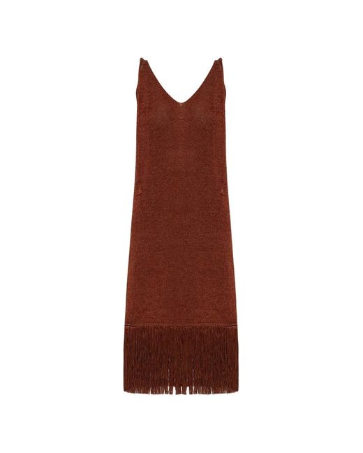 Akep Brown Fringe-Trimmed V-Neck Dress