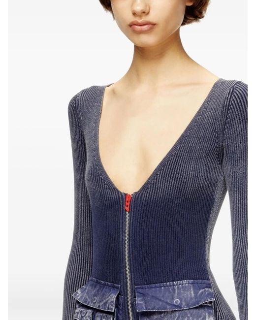 DIESEL Blue Ribbed Zip-Front Pocketed Day Dress