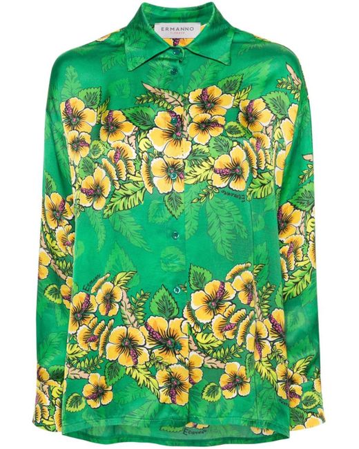 ERMANNO FIRENZE Green Floral Satin Shirt