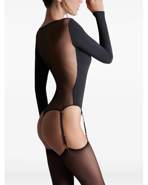 Scandale Black Nuit Fauve Mesh-Panel Thong Bodysuit