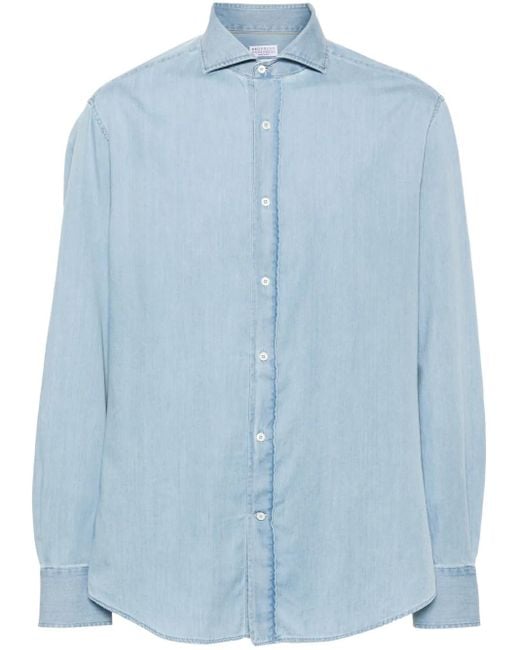 Brunello Cucinelli Blue Cotton Shirt With A French Collar for men