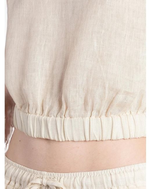 120% Lino White Elasticated-Hem Cropped Top