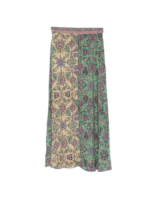 Ba&sh Green Geometric-Print Pleated Midi Skirt