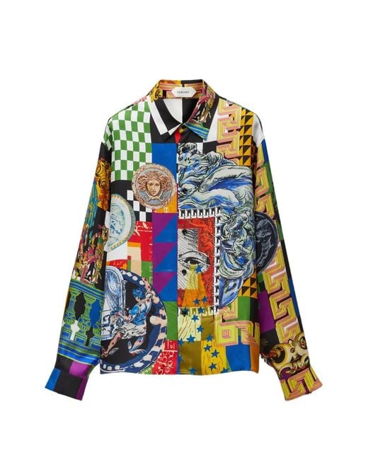 Versace Blue Printed Silk Twill Regular Shirt for men