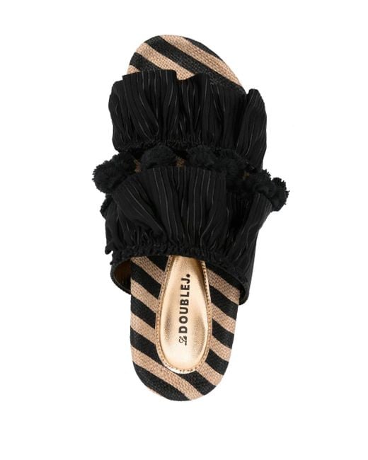 LaDoubleJ Black Pimento Pompom-Detail Slides