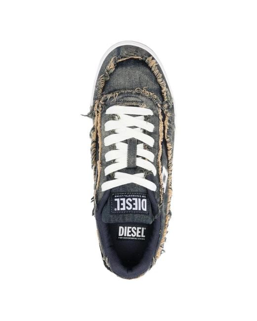 DIESEL White Distressed Denim Sneakers With Frayed Edges And Translucent Outsole for men