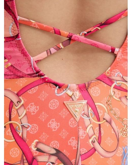 Guess Red Chain-Embellished Print Swimsuit