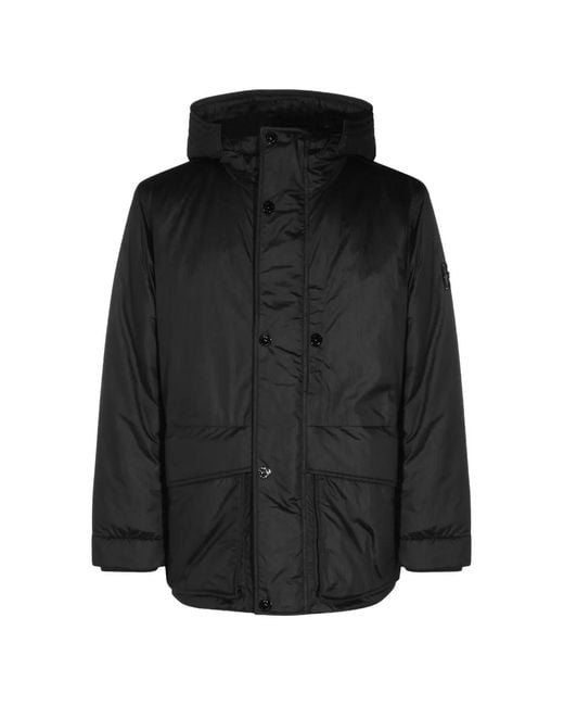 Stone Island Black Hooded Button-Up Coat for men