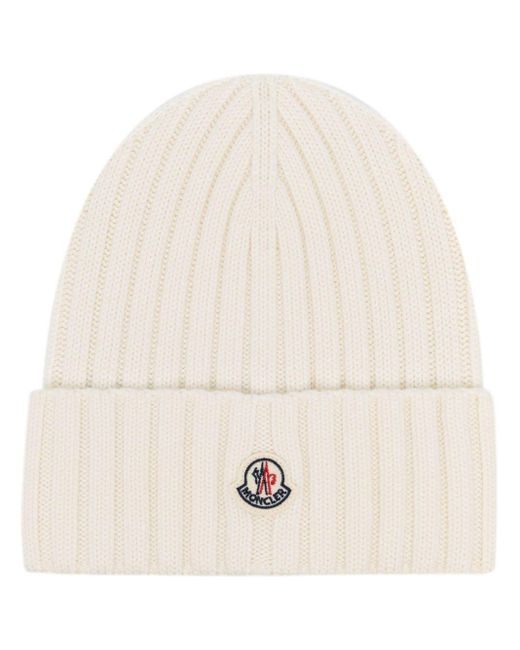 Moncler Ribbed-knit Logo-patch Virgin Wool Beanie in White (Natural) | Lyst