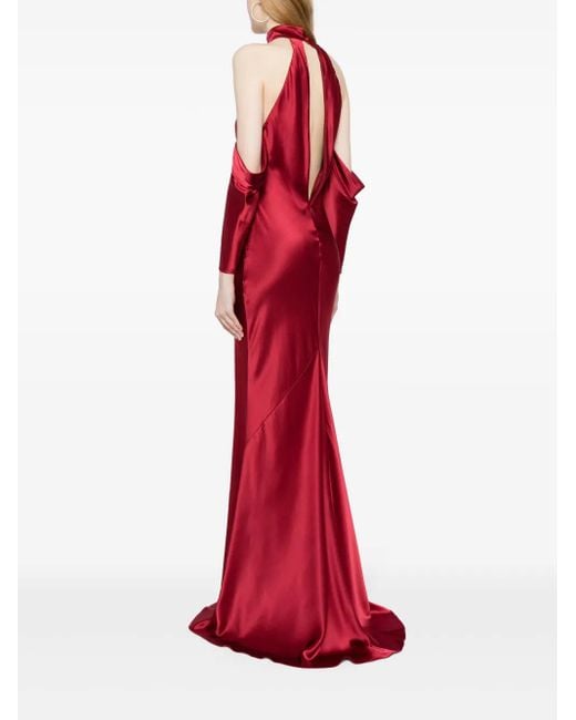 Michelle Mason Red Halterneck Drop-Sleeve Maxi Dress