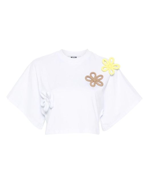 T-shirt crop à fleurs appliquées MSGM en coloris White