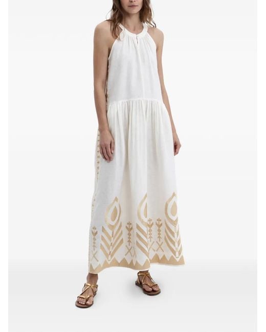 Greek Archaic Kori White Embroidered Halterneck Dress
