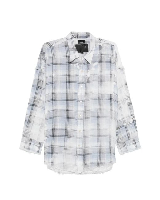 R13 White Shredded-Seam Bleached-Plaid Shirt