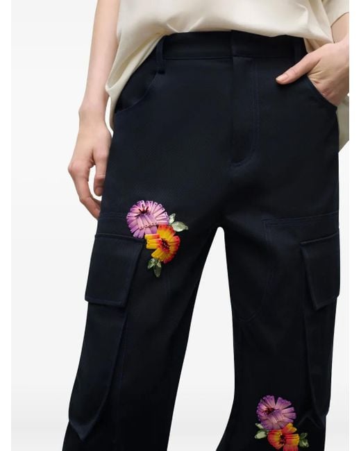 Area Blue Embroidered-Flower Cargo Trousers