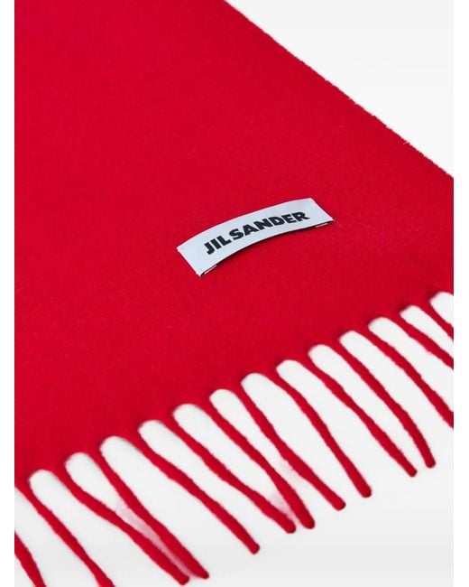 Jil Sander Red Fringed Logo-Patch Scarf