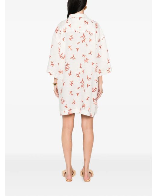 Fendi White Coral-Print Tie-Neck Mini Dress