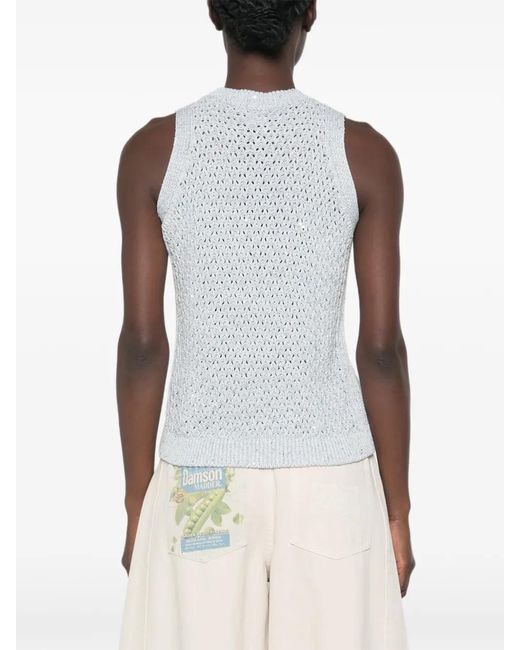 Eleventy White Sequin-Embellished Open-Knit Vest