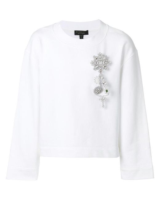 Burberry White Cropped Crystal Brooch Sweatshirt