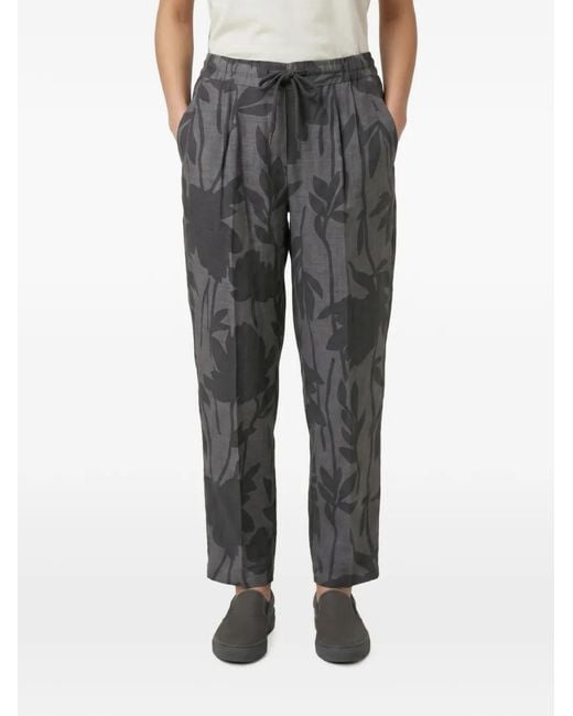 Brunello Cucinelli Gray Floral-Print Linen Trousers
