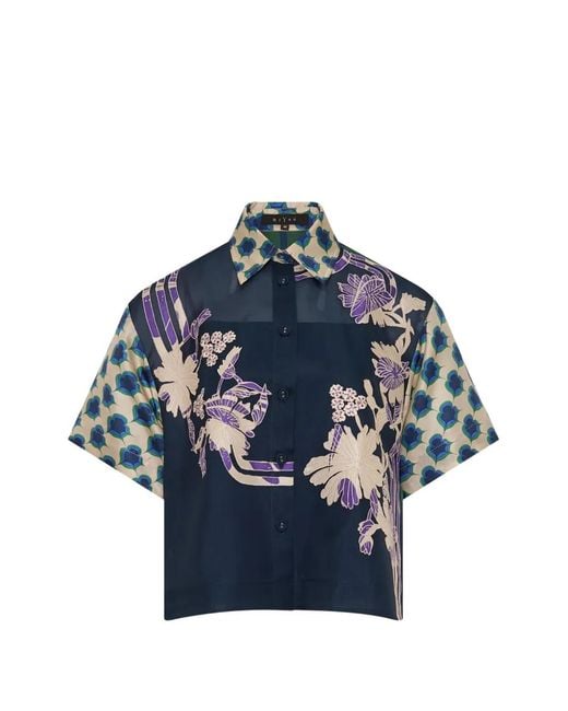 Biyan Blue Floral-Print Silk-Organza Shirt