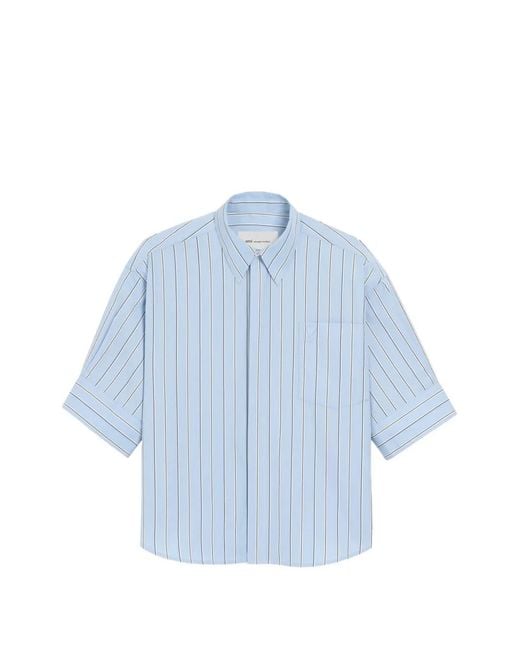 AMI Blue Large Striped Cotton Short-Sleeve Shirt With Embossed Logo