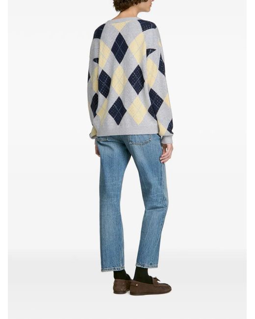 Sandro White Argyle-Pattern Wool Sweater