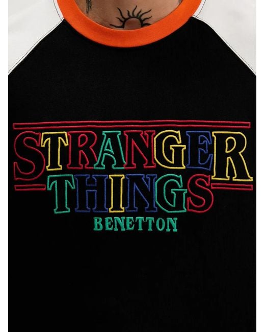 Benetton Black Stranger Things Raglan-Sleeve Sweatshirt for men