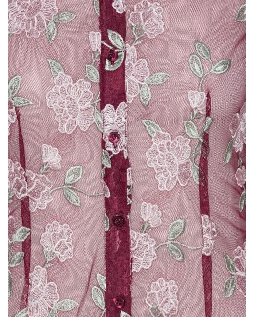 ROTATE BIRGER CHRISTENSEN Purple Semi-Sheer Burgundy Shirt With Floral Embroidery