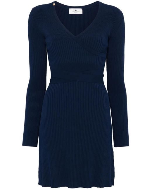 Elisabetta Franchi Blue Fitted Knit Dress With Deep V-Neckline