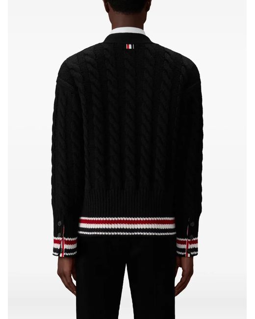 Thom Browne Black V-Neck Stripe-Hem Cardigan for men