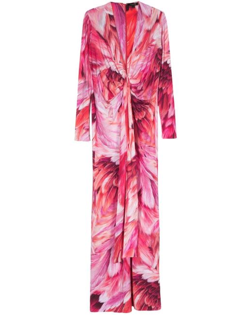 Roberto Cavalli Pink Feather-print Ruched Maxi Dress