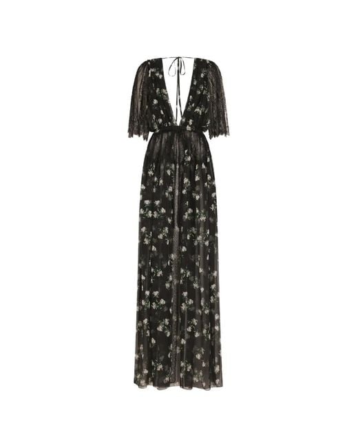 Dolce & Gabbana White Lace-Detail Floral-Pattern Long Dress