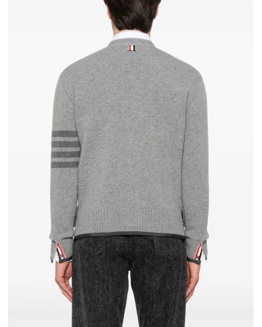 Thom Browne Gray V-Neck Wool Cardigan With Button-Down Front And Striped Accents for men