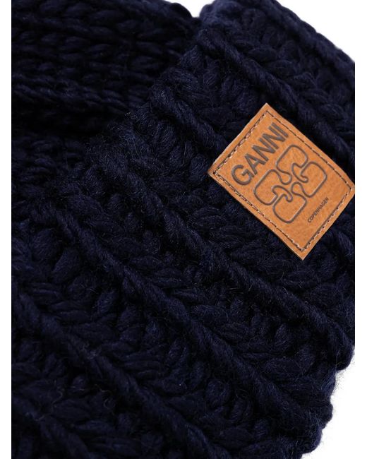 Ganni Blue Logo-Patch Beanie