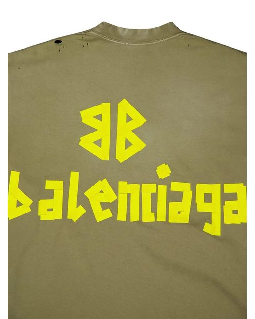 Balenciaga Green Distressed-Effect Logo-Print Cotton T-Shirt
