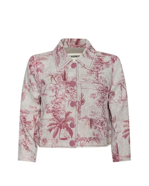 L'Agence Pink Eda Cropped Etoile-Print Linen Jacket