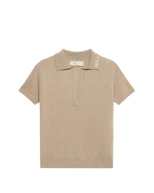 Blumarine Natural Rhinestone Cashmere Polo Shirt