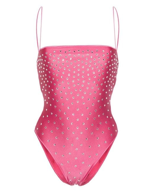 Oseree Pink Hoch geschnittener Badeanzug mit Kristallen