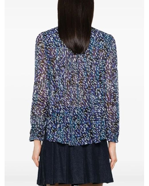 Isabel Marant Blue Abstract Pattern Semi-Sheer Blouse With Keyhole Detail