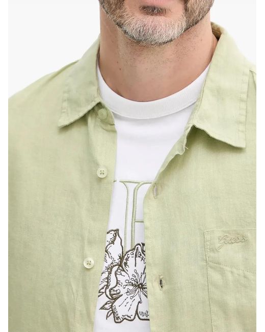 Guess Natural Embroidered-Logo Linen Shirt for men