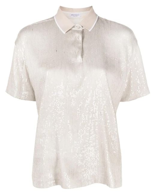 Brunello Cucinelli White Sequin Embellishment Polo T-Shirt