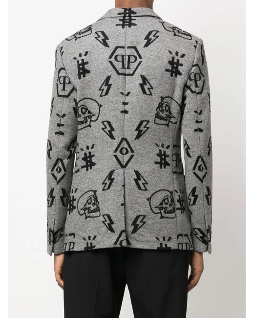 Philipp Plein Gray Graphic-Print Blazer for men