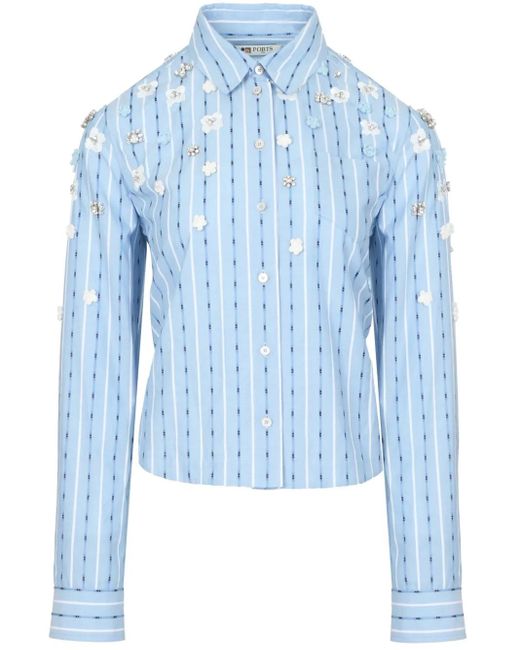 Ports 1961 Gestreept Blouse Met Bloemapplicatie in het Blue